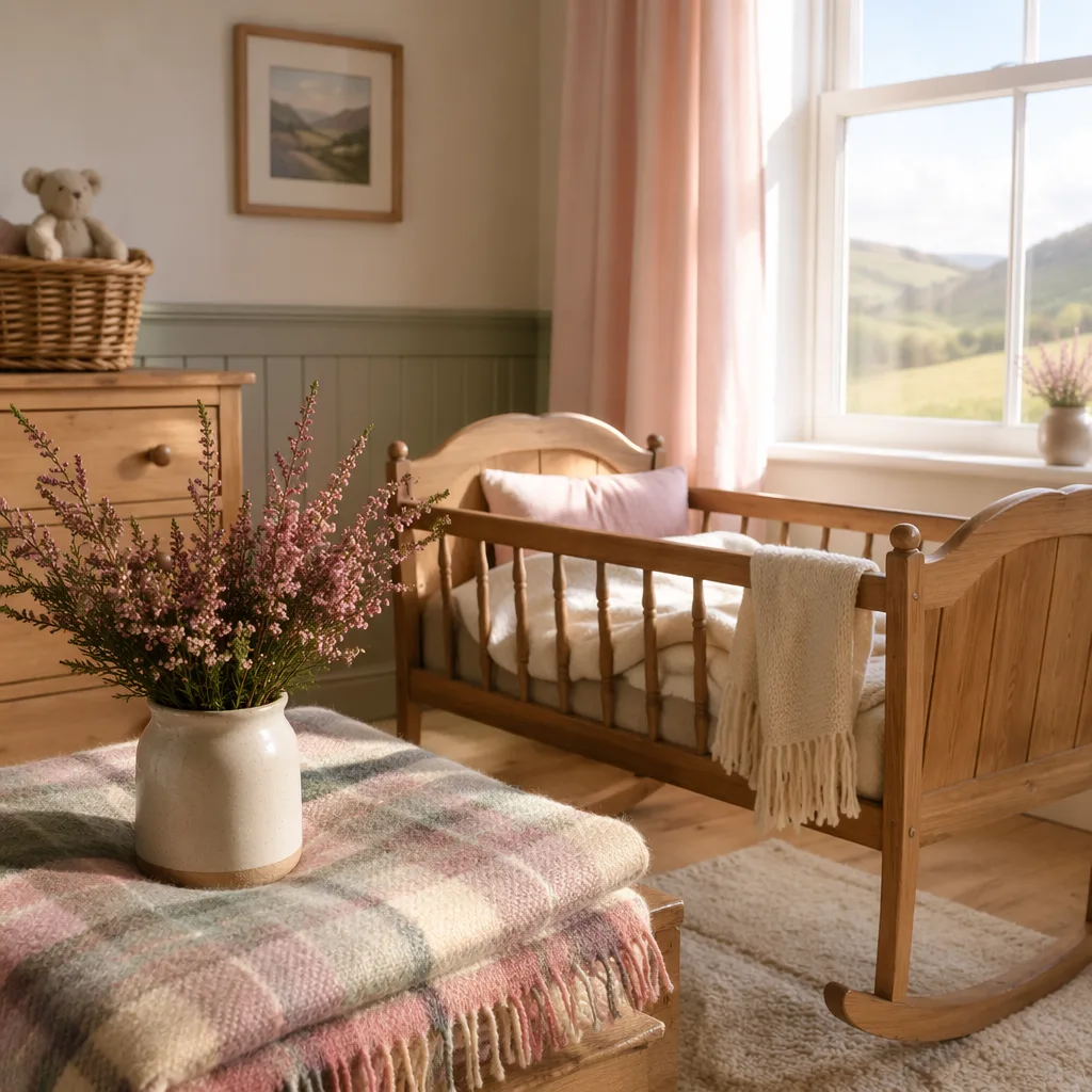 Cozy Scottish-inspired nursery with pastel tartan blanket, heather flowers, and a wooden cradle in soft morning light.