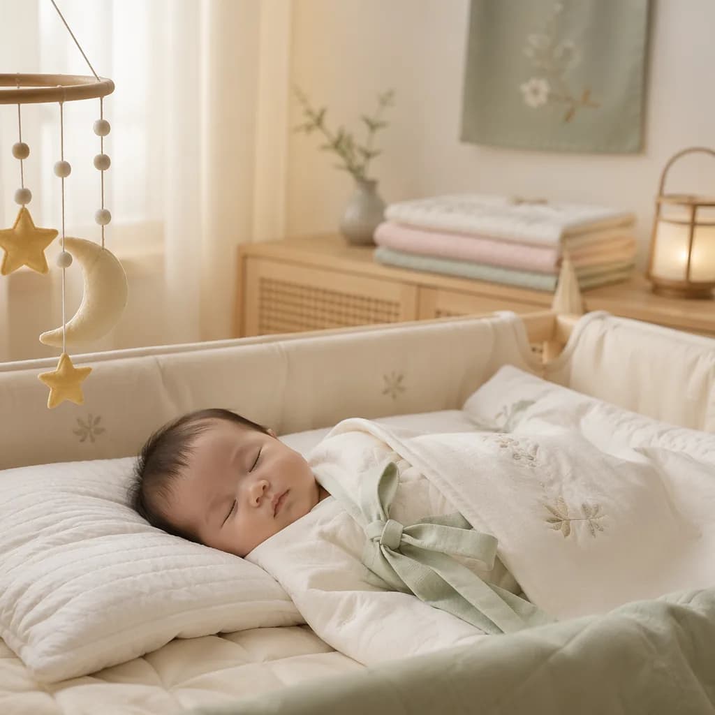 Sleeping baby in a soft Korean-inspired nursery with pastel blankets and gentle morning light.