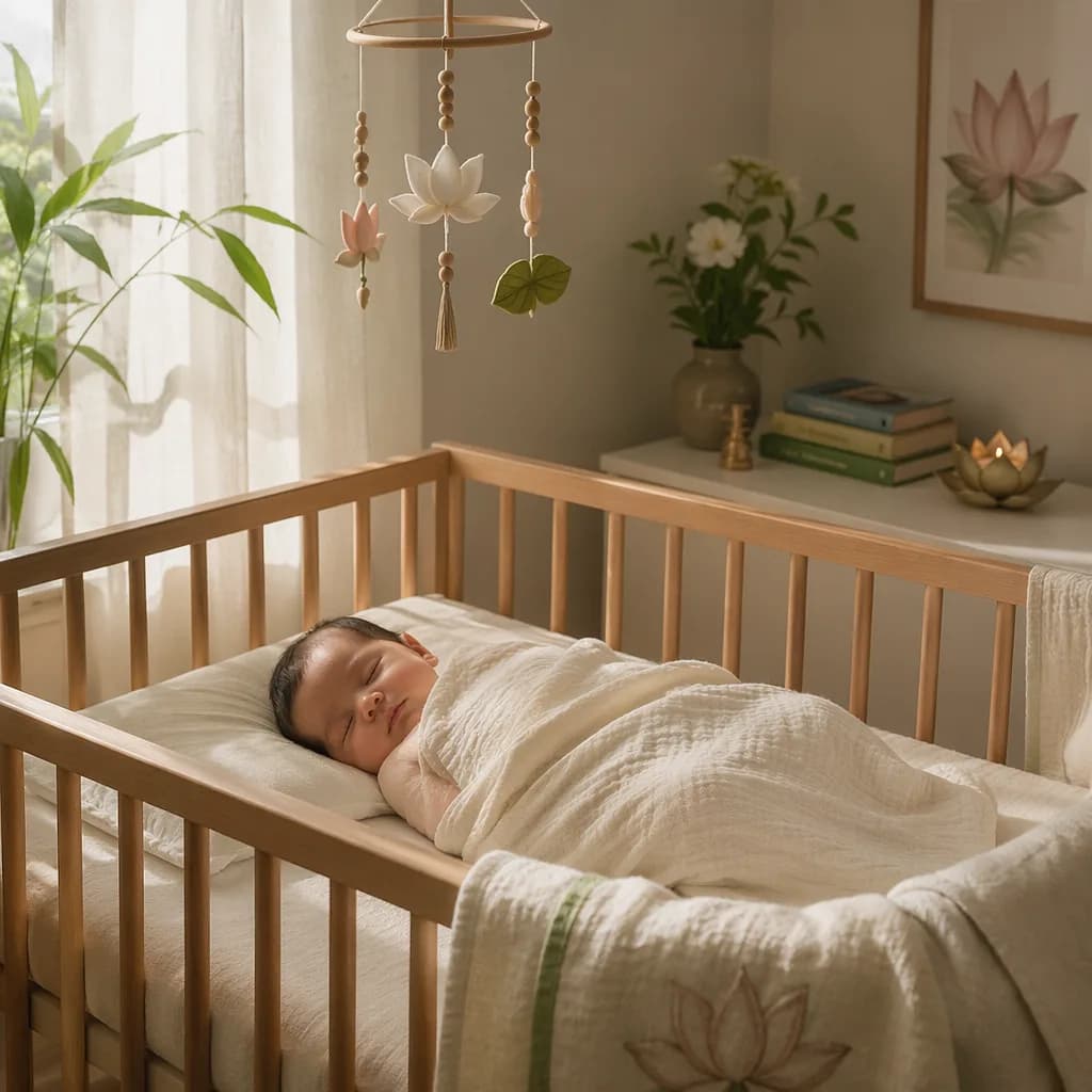 A peaceful swaddled baby in a softly lit nursery with lotus and storybook accents.