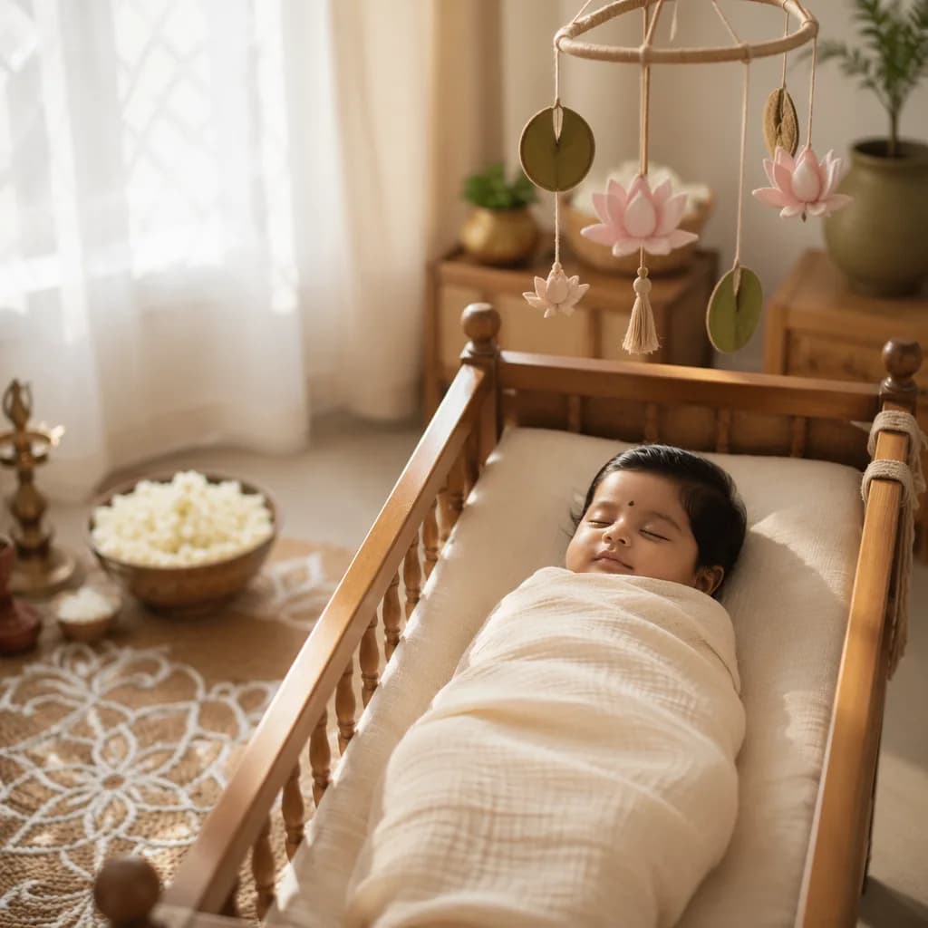 Peaceful Tamil baby sleeping in a pastel nursery with lotus and bodhi leaf details.
