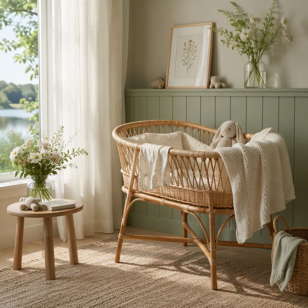 Cozy pastel nursery with a bassinet and meadow flowers in warm natural light.