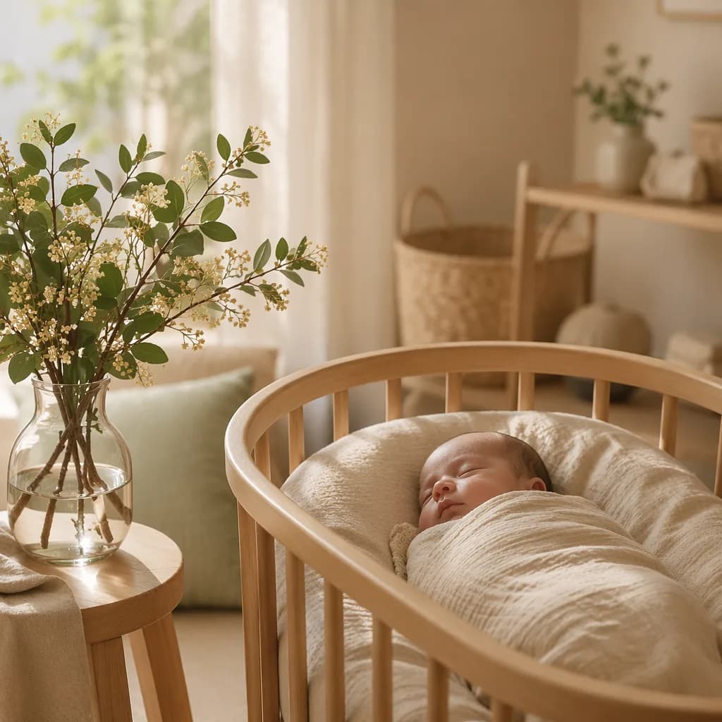 A softly lit nursery with a swaddled sleeping baby and delicate green leaves beside a wooden bassinet.