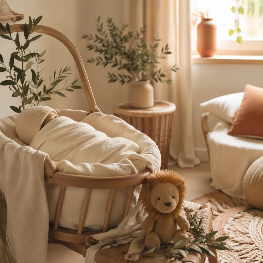 A softly lit nursery with a swaddled baby, leaves, and a small plush lion.