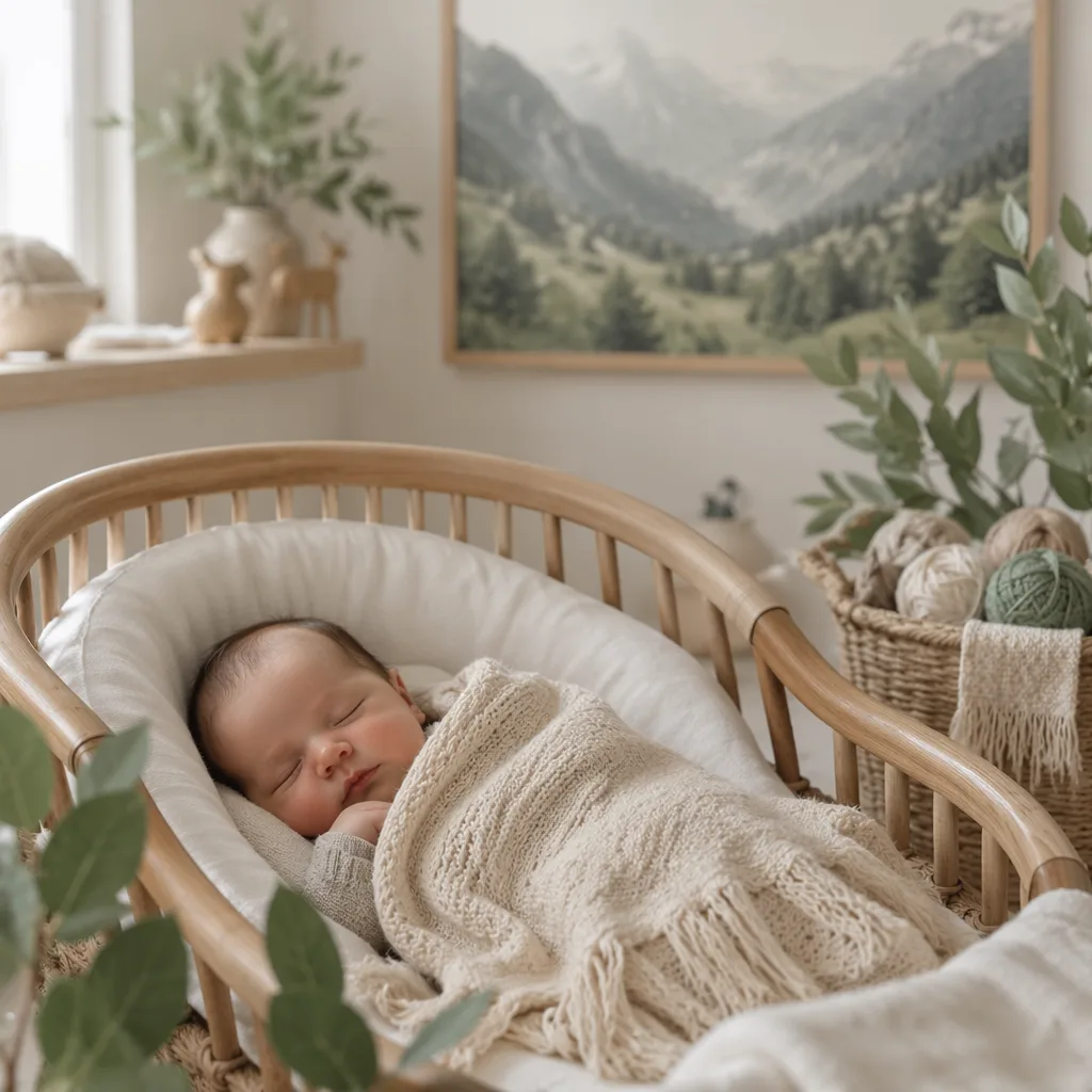 Sleeping baby in a cozy nursery with woven blanket, woodland details, and soft mountain-inspired decor.
