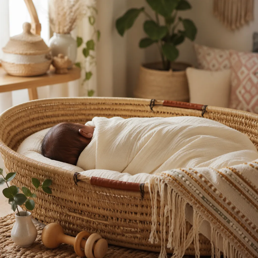 Peaceful swaddled baby in a softly lit Yoruba-inspired nursery with warm woven accents.