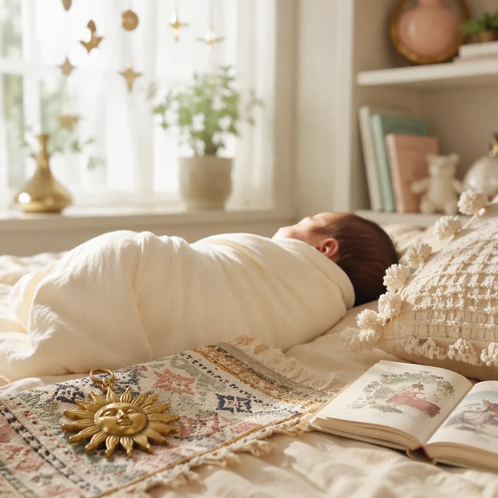 A softly lit Persian-inspired nursery with a swaddled sleeping baby and warm pastel decor.