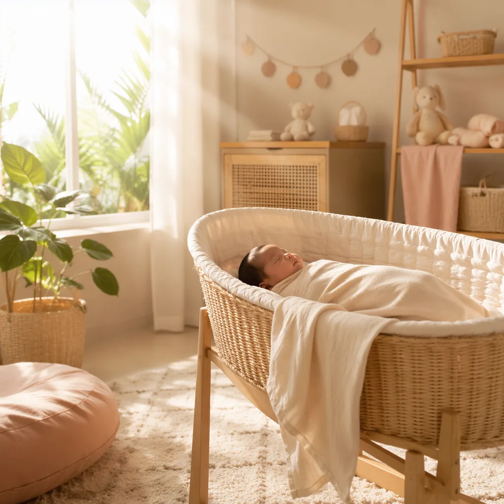 A cozy nursery with soft sunbeams falling on a sleeping baby in a bassinet.