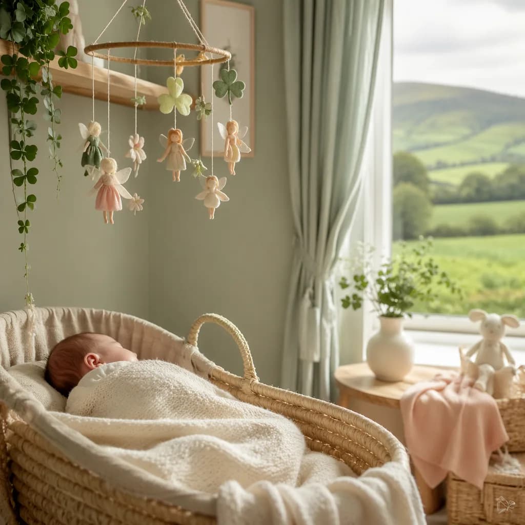 A cozy Irish-inspired nursery with a sleeping baby and a delicate fairy mobile.