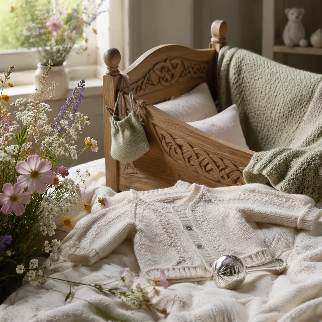 Soft Irish-inspired nursery still life with baby blanket, wildflowers, and heirloom rattle.