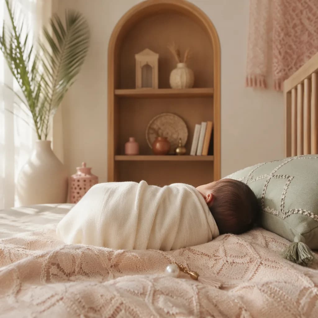 Soft pastel Arabic-inspired nursery with a peacefully swaddled baby in gentle natural light.