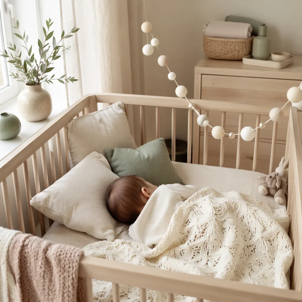 A softly lit Scandinavian nursery with a sleeping baby, pale wood crib, knitted blanket, and pearl-toned accents.
