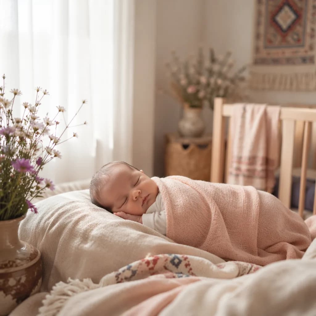 A cozy pastel nursery with a peacefully sleeping baby and subtle Turkish-inspired accents.