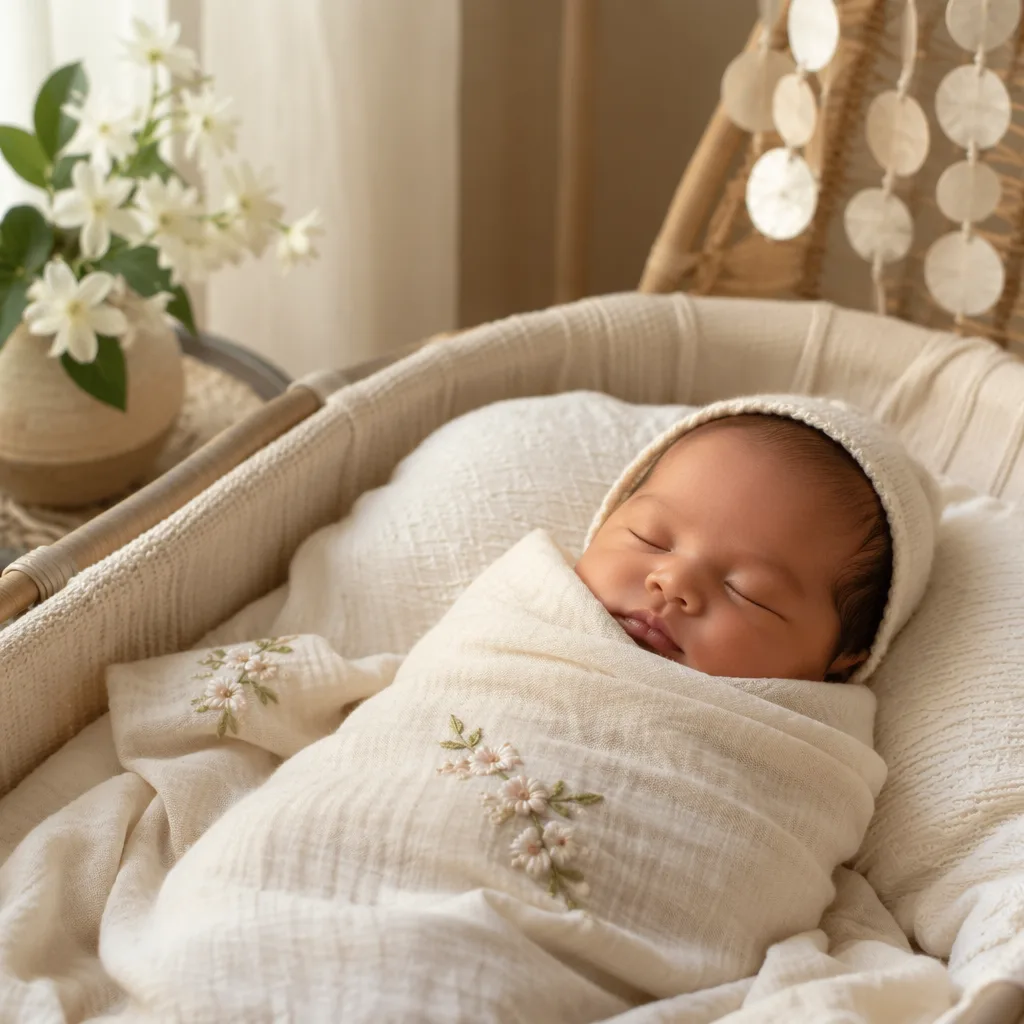 Sleeping Filipino newborn in a soft pastel nursery with sampaguita accents.