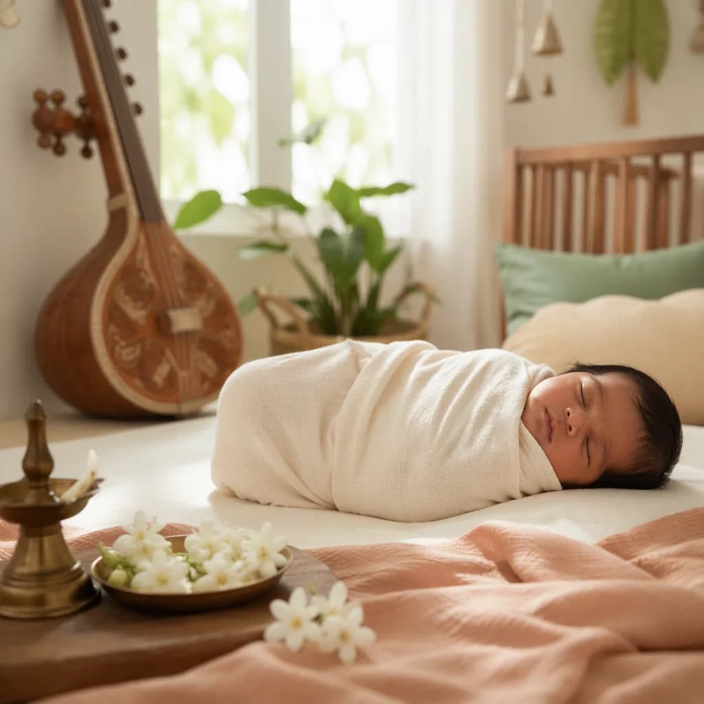 Sleeping baby in a soft Tamil-inspired nursery with jasmine and musical decor.