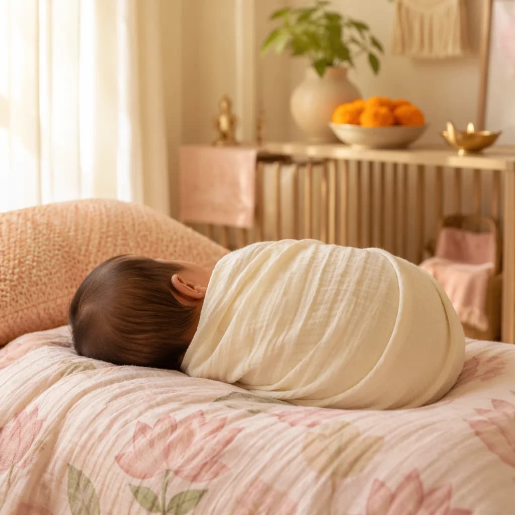 A serene pastel nursery scene with a swaddled sleeping baby and subtle Indian-inspired decor.