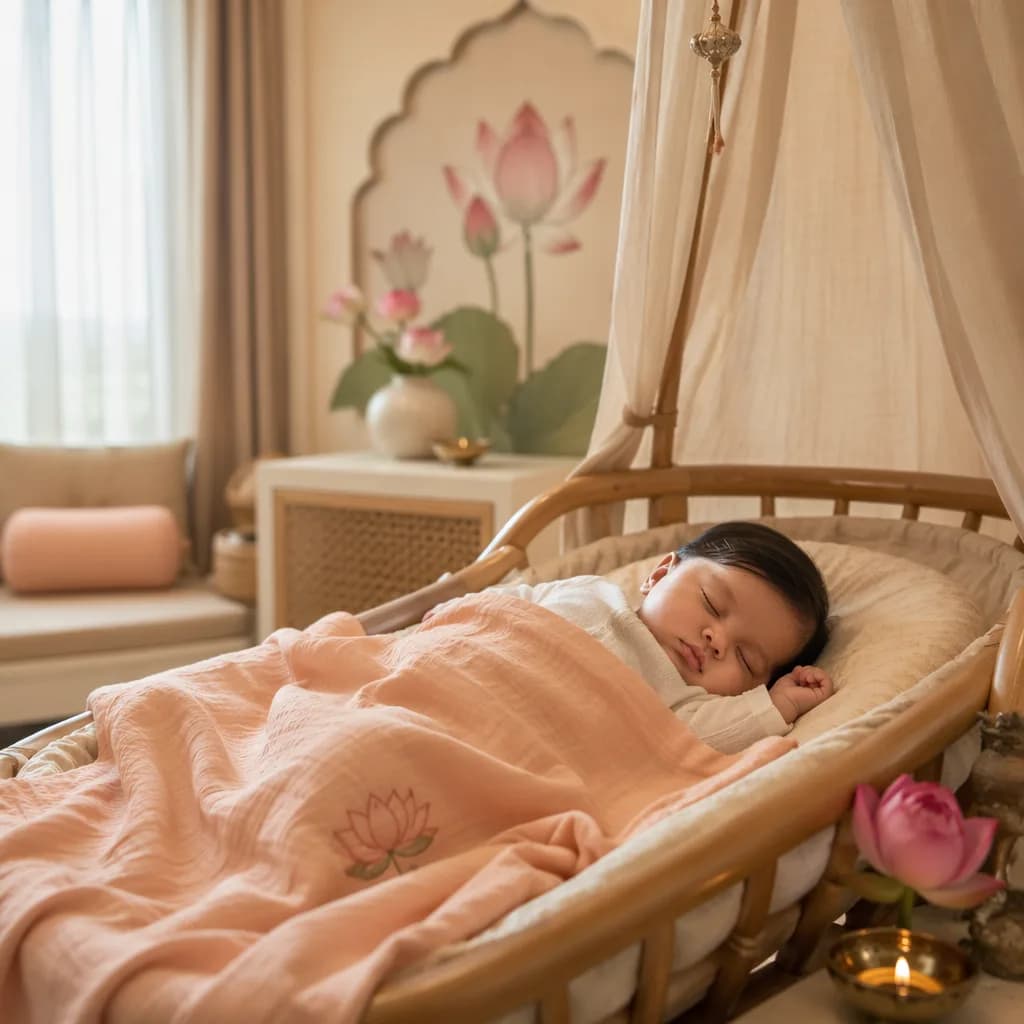 Sleeping baby in a soft pastel nursery with subtle Indian-inspired details