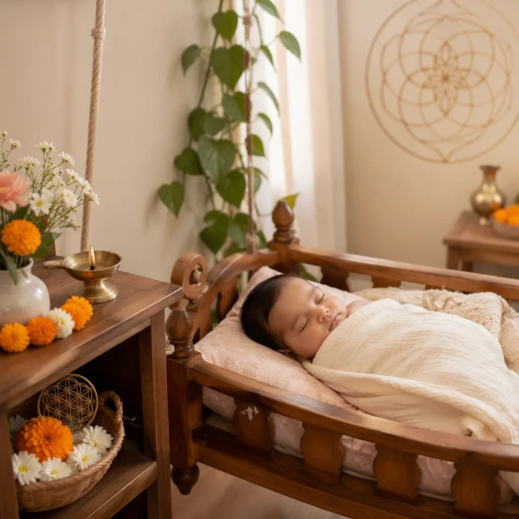 A peaceful pastel Indian nursery with a sleeping baby in a wooden cradle and soft floral accents.