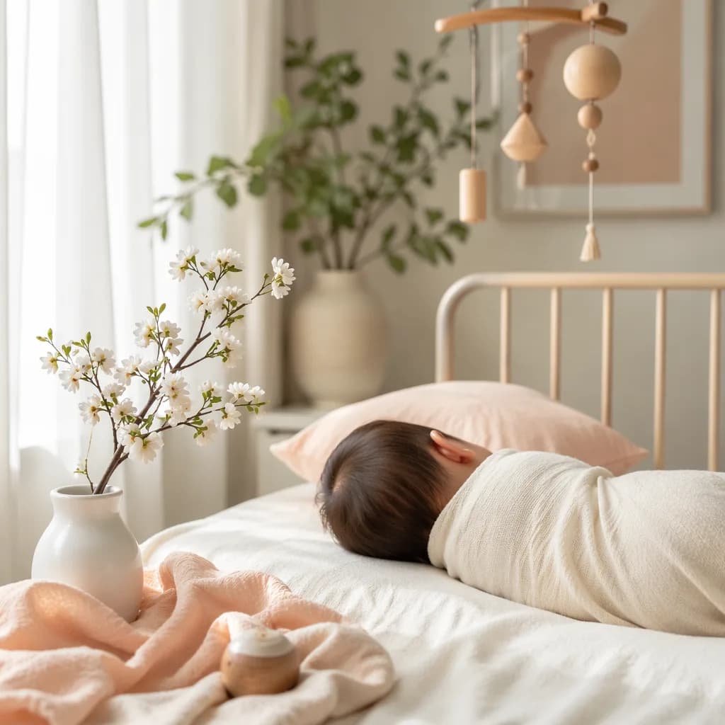 A softly lit Korean-inspired nursery with a swaddled newborn and delicate white blossom.