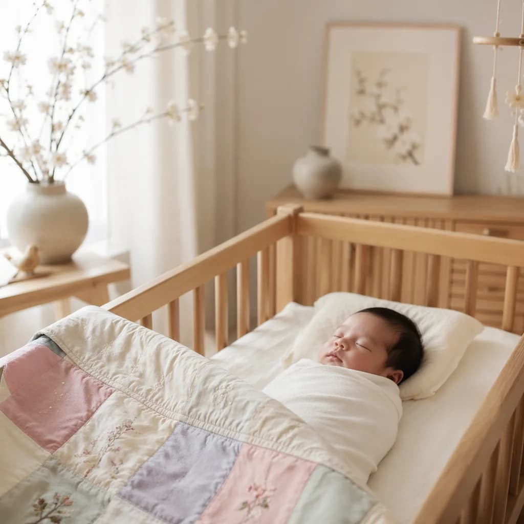 A softly lit Korean-inspired nursery with a swaddled sleeping baby and pastel decor.