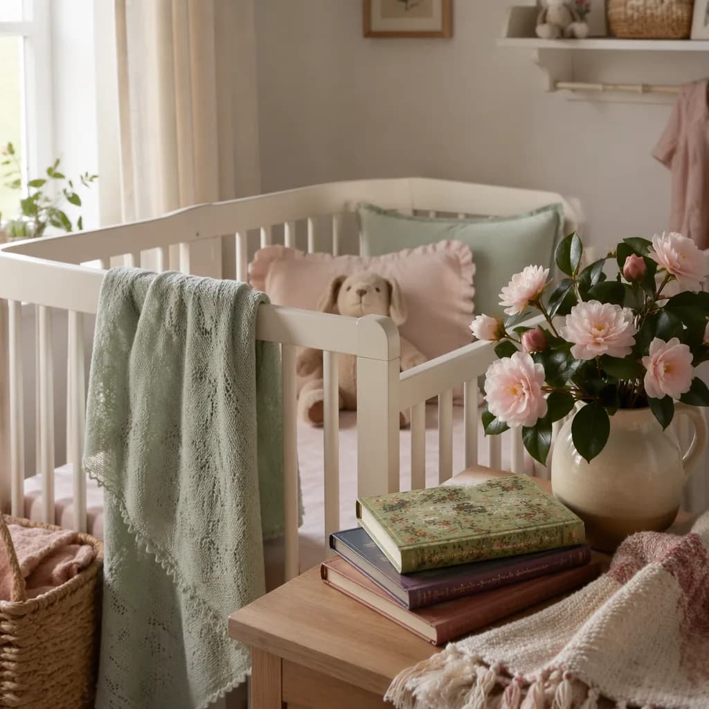 Soft pastel Portuguese nursery with books, flowers, and a cozy crib.