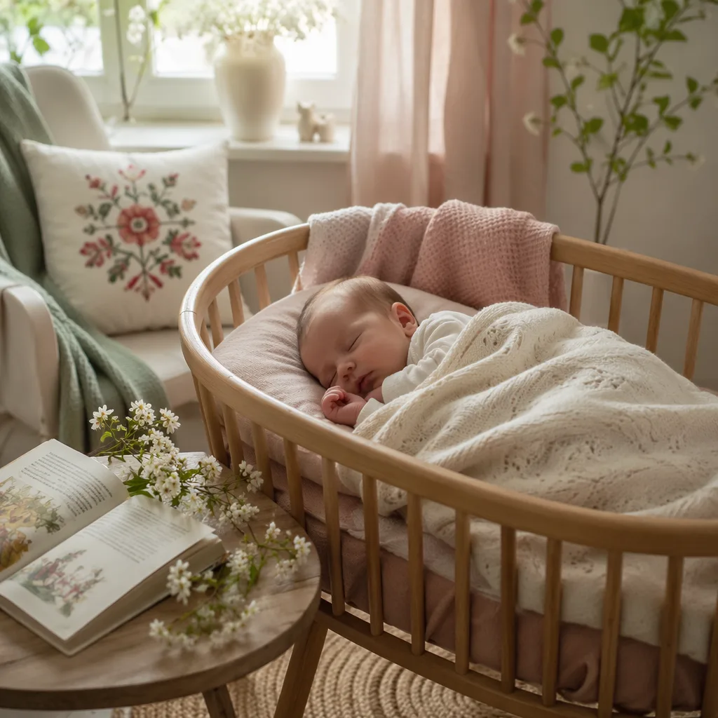 A peaceful newborn in a pastel Polish-inspired nursery with soft floral details.
