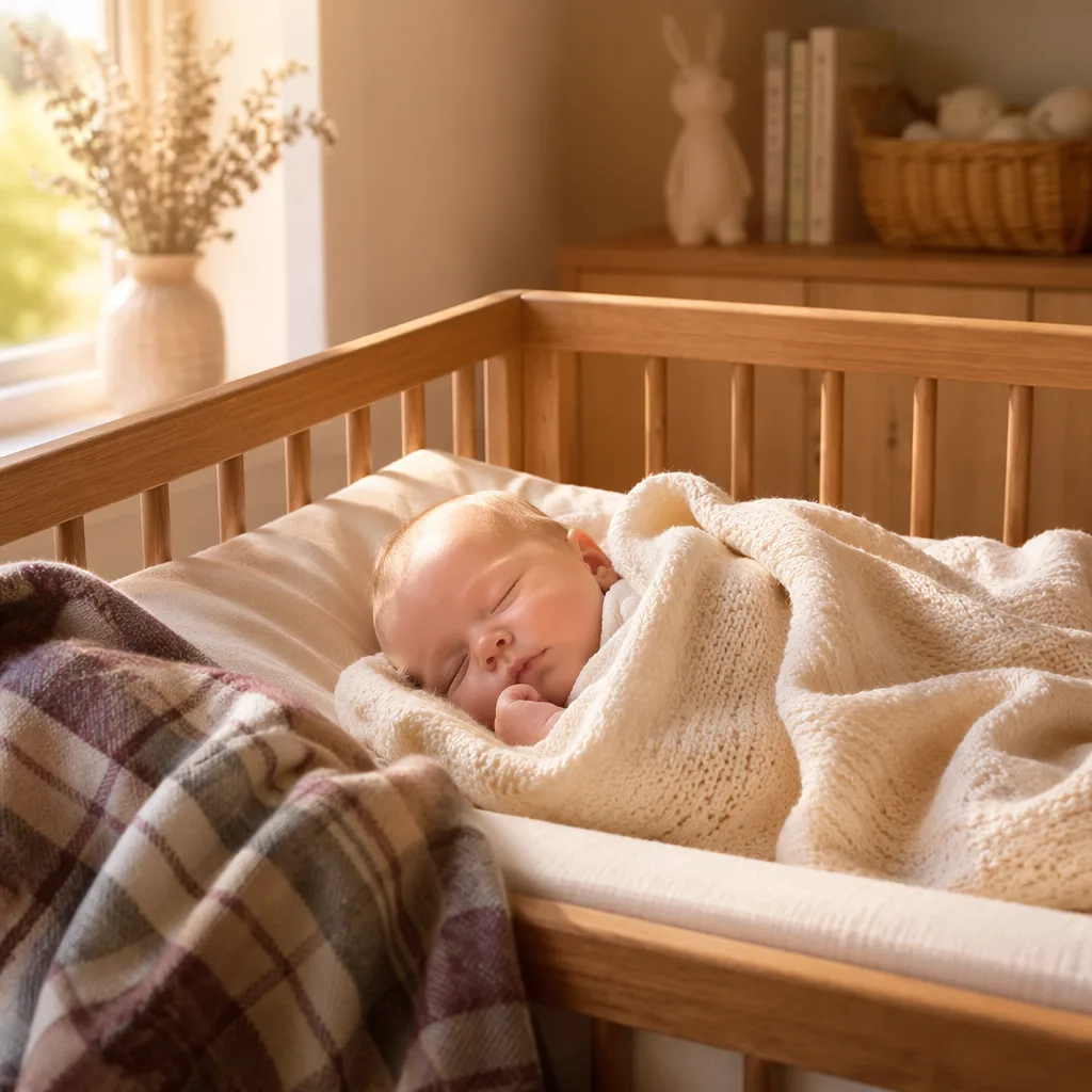 A peaceful Scottish-inspired nursery with a sleeping baby, soft light, tartan, and heather.