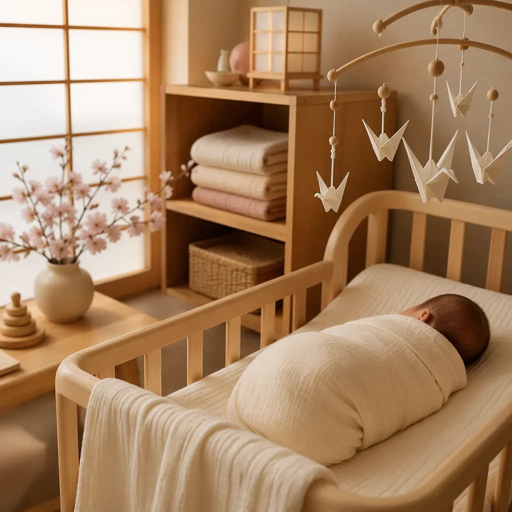 A swaddled newborn in a softly lit Japanese-inspired nursery with pastel cherry blossom accents.