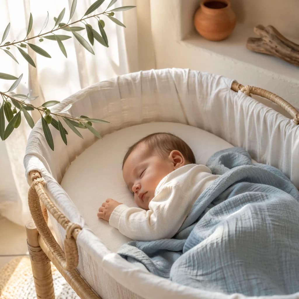 Sleeping baby in a cozy Greek-inspired nursery with olive branch and soft blue blanket