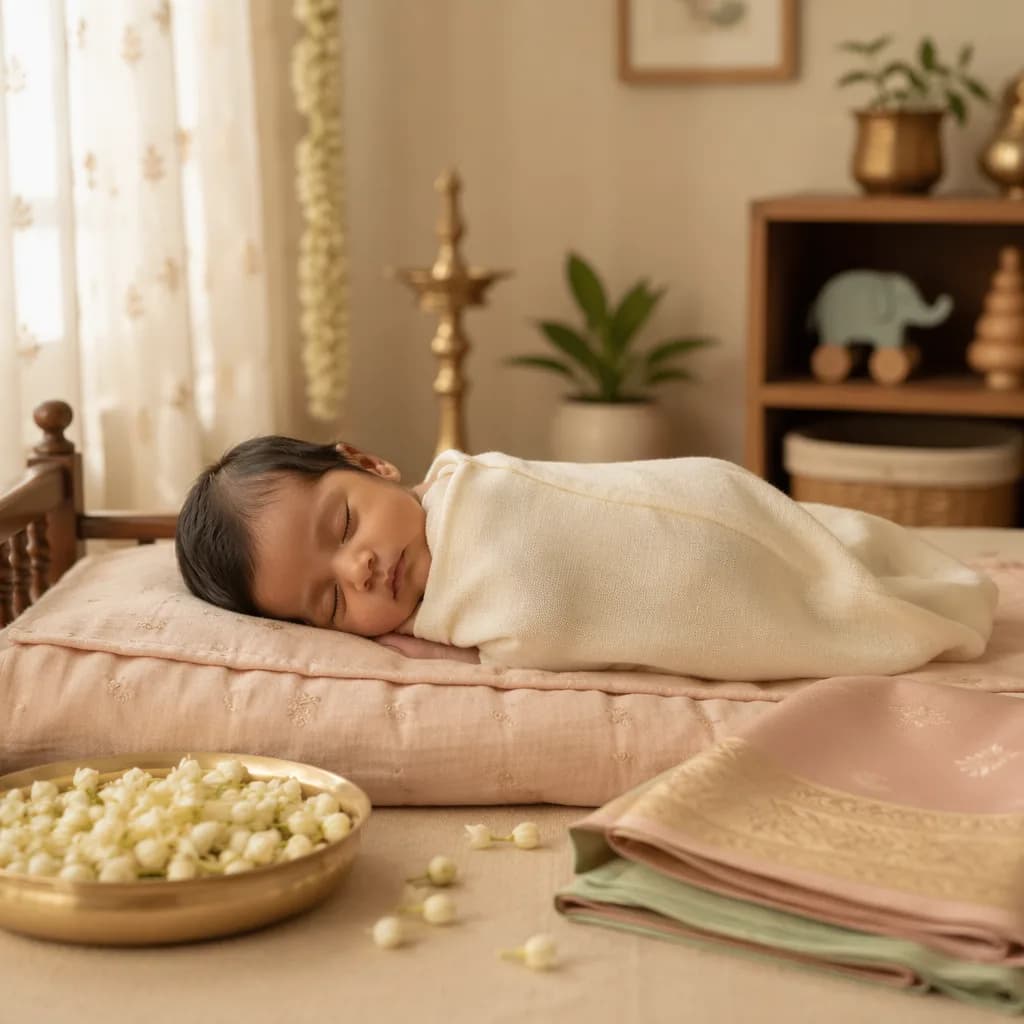 A softly lit Tamil-inspired nursery scene with a swaddled sleeping baby and jasmine flowers.