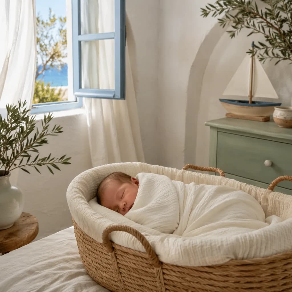 Sleeping newborn in a woven basket cradle in a soft Greek-inspired nursery with olive branch and gentle light.