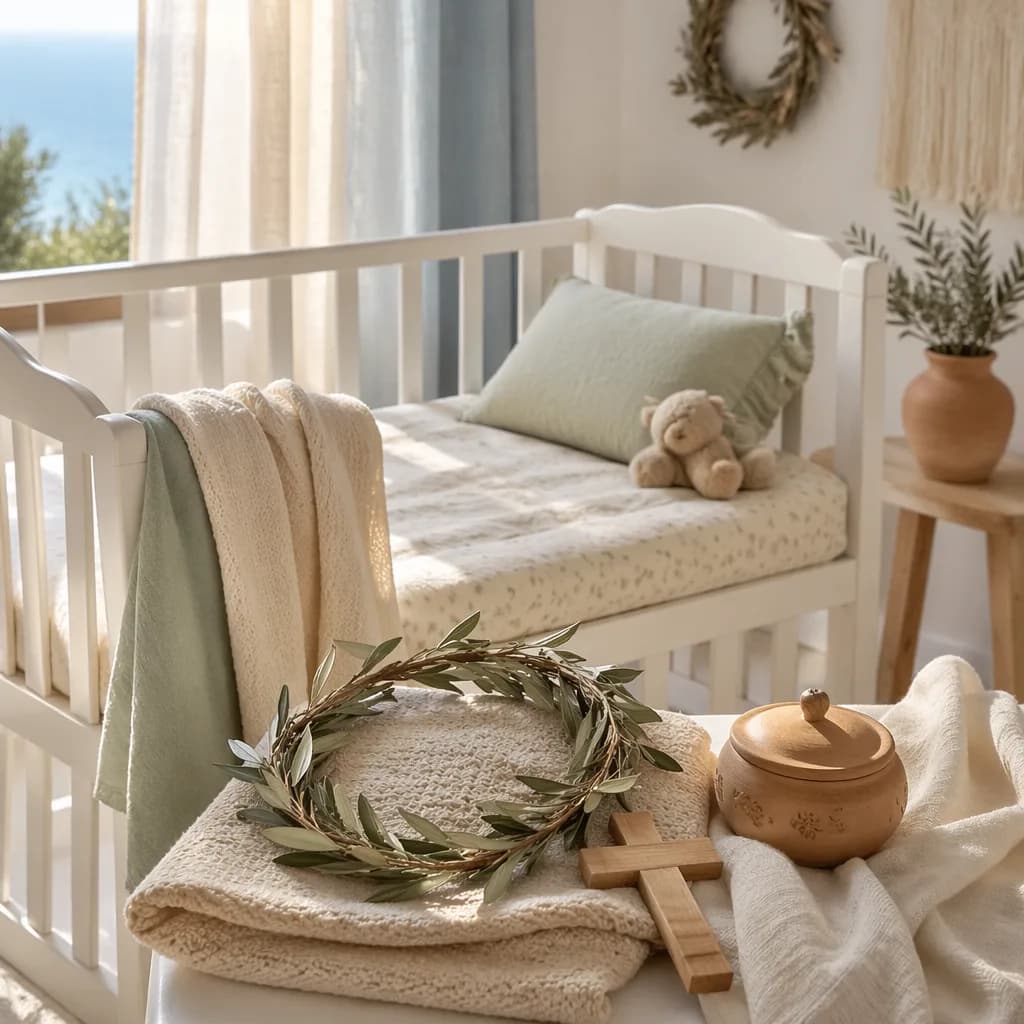 Cozy Greek-inspired nursery with olive branches, a wooden cross, and soft pastel baby linens.