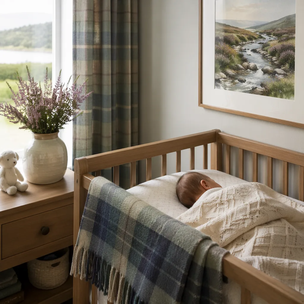 Cozy Scottish-inspired nursery with a sleeping baby, soft tartan blanket, heather, and gentle stream decor.