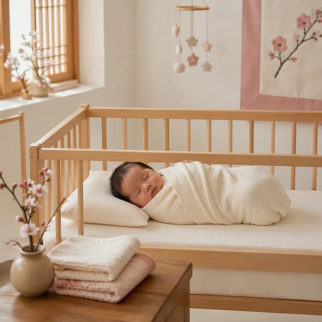 Sleeping newborn in a soft Korean-inspired nursery with pastel decor.