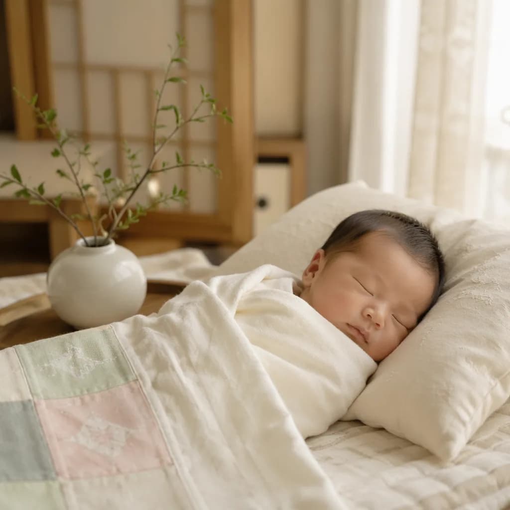 Sleeping newborn in a soft Korean-inspired pastel nursery.