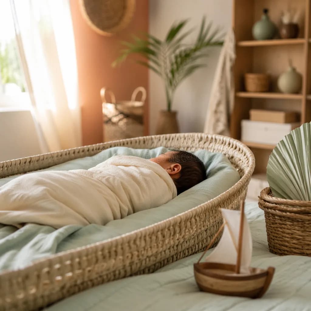Sleeping swaddled baby in a serene pastel nursery with Swahili coastal-inspired accents.