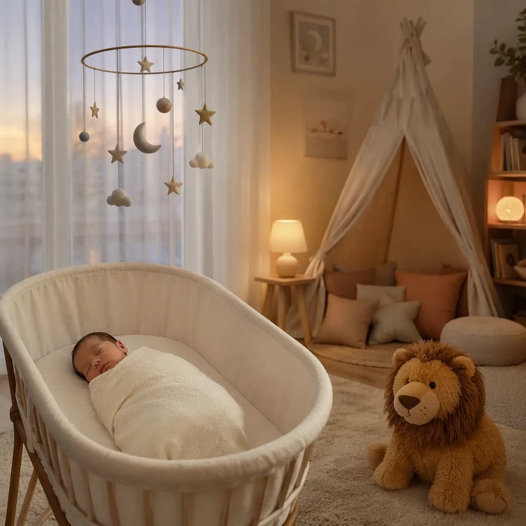 Sleeping swaddled baby in a pastel nursery with star mobile and plush lion.