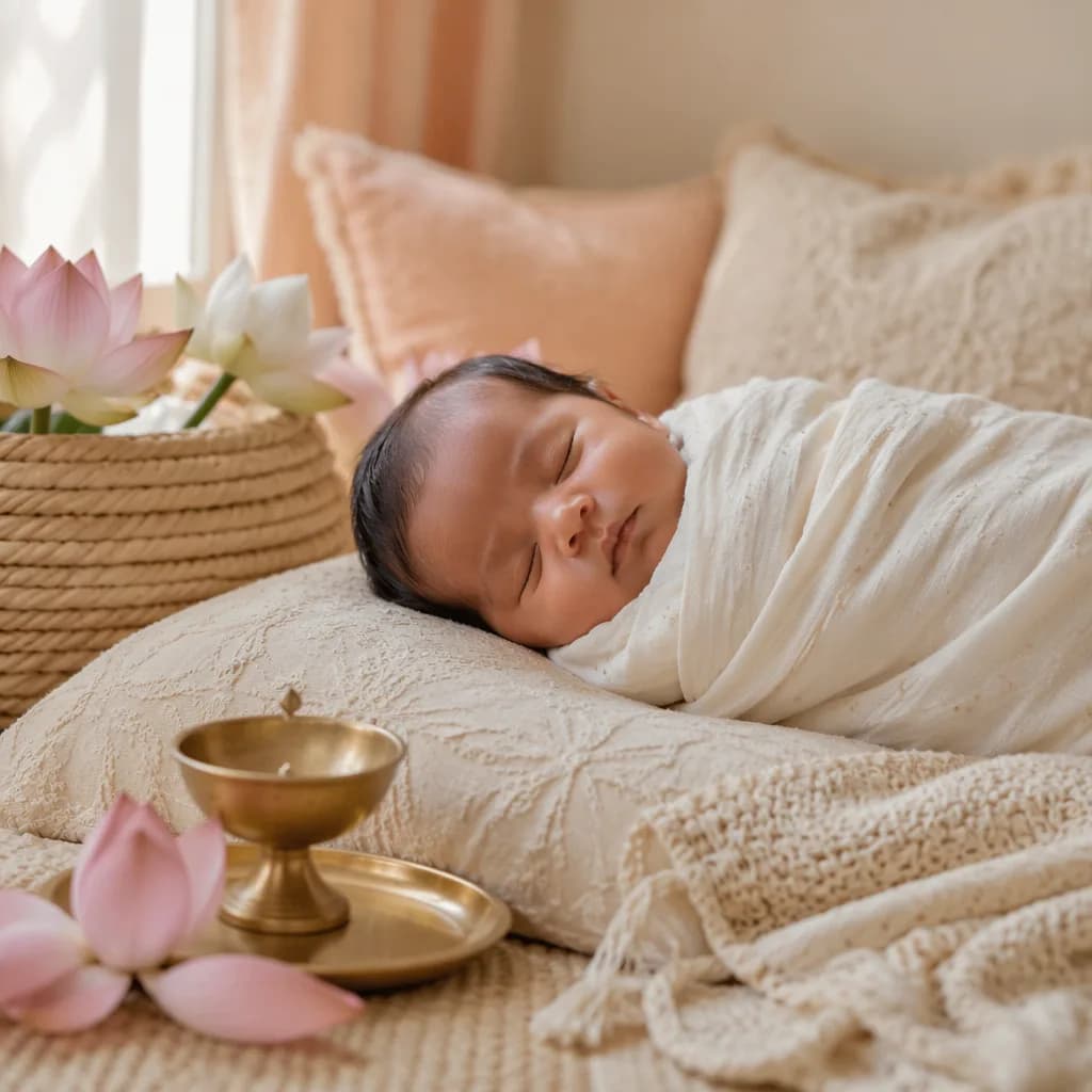 Sleeping newborn in a soft pastel nursery with lotus flowers and warm natural light.