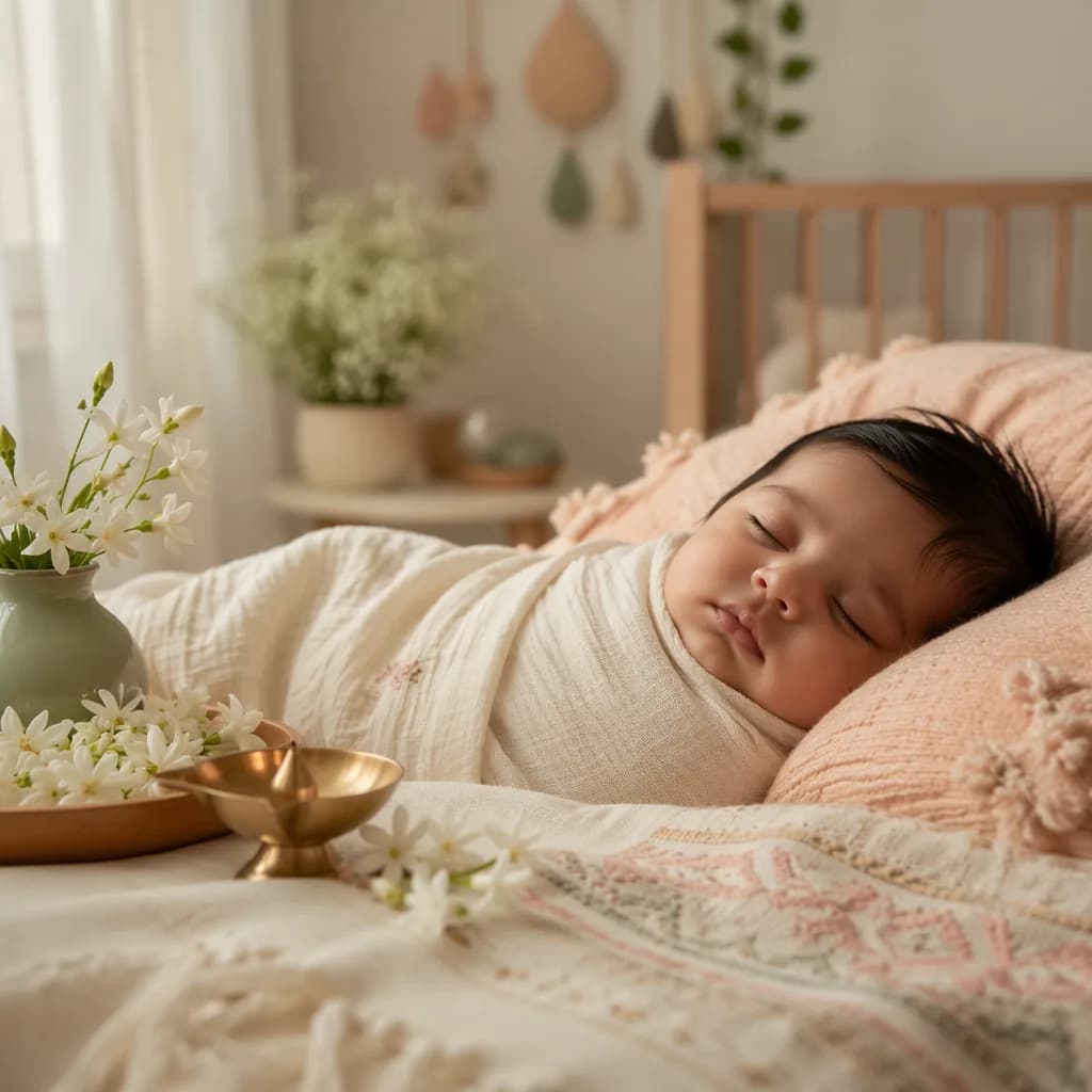 Sleeping baby in a soft pastel nursery with flowers and warm natural light.