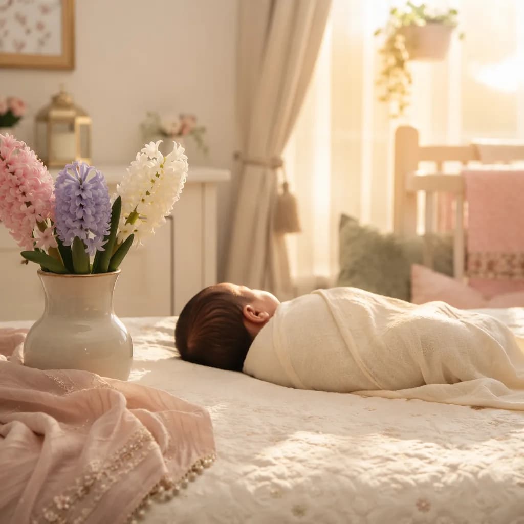A softly lit nursery with a swaddled baby and pastel flowers.