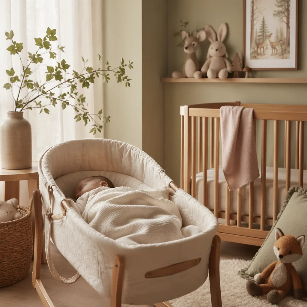 Soft woodland-inspired nursery with a sleeping baby in warm natural light.