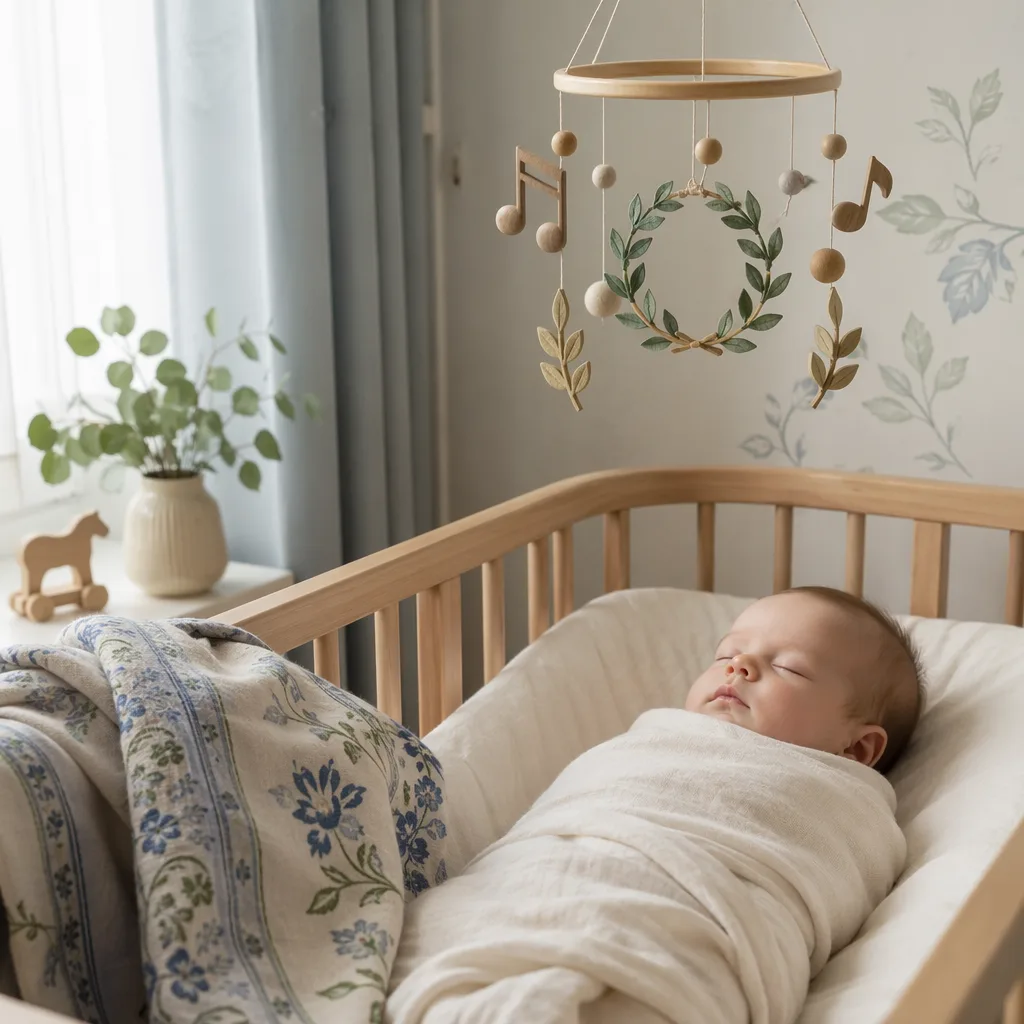 Sleeping baby in a soft pastel Polish-inspired nursery with a laurel wreath and gentle mobile.