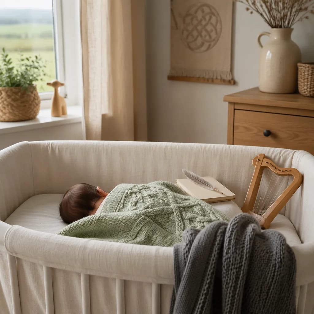 Soft Irish-inspired nursery with a peaceful baby, harp toy, and cozy pastel details.