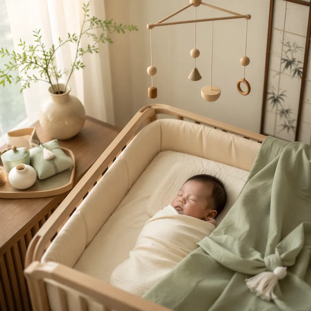 A peacefully sleeping newborn in a soft Korean-inspired nursery with warm pastel decor.
