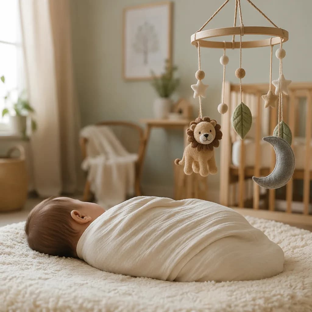 A softly lit pastel nursery with a swaddled baby and subtle lion-inspired decor.