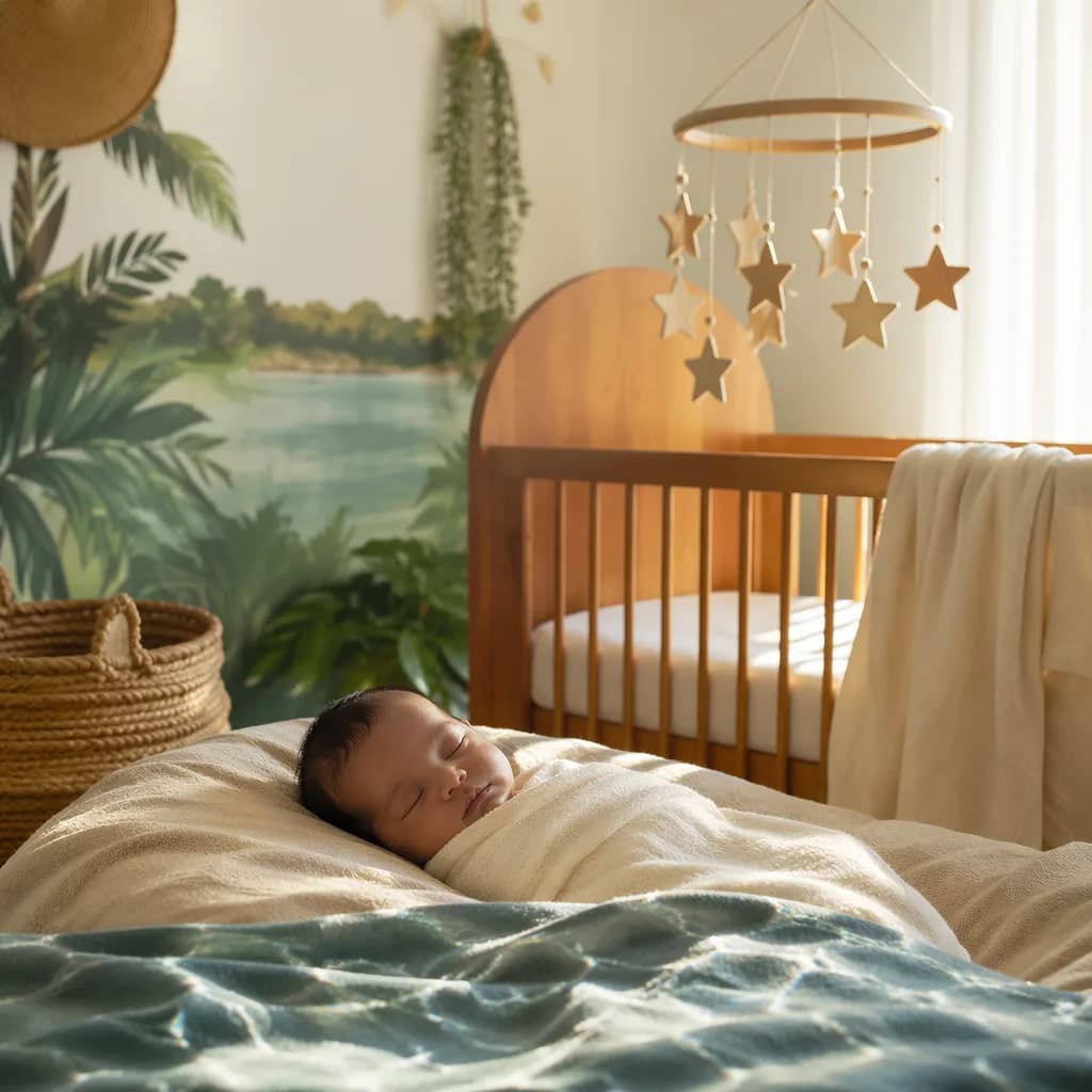 Sleeping baby in a warm pastel nursery with star and water-inspired details.