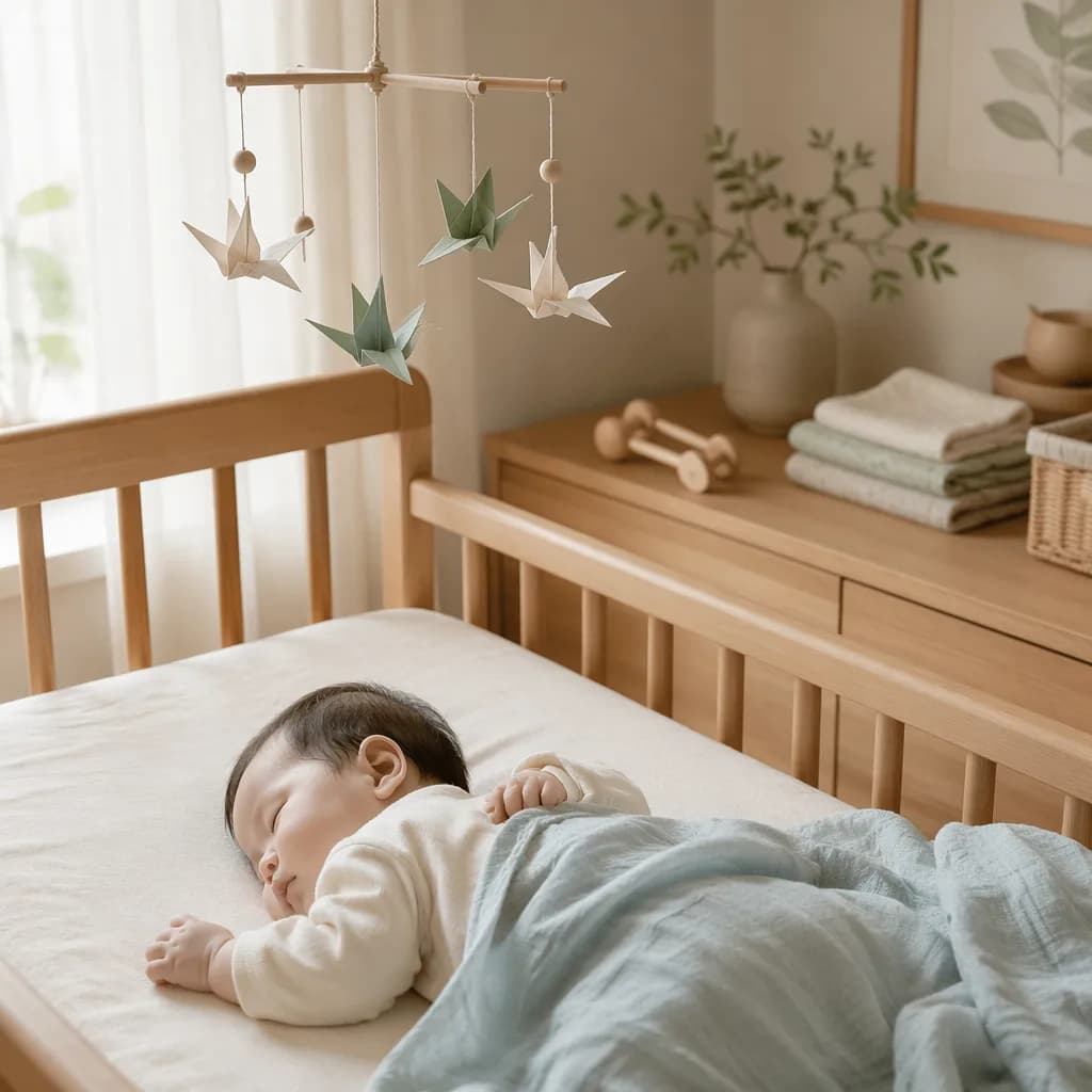 Japanese baby napping in a soft nursery with handmade wooden toys and gentle pastel decor.