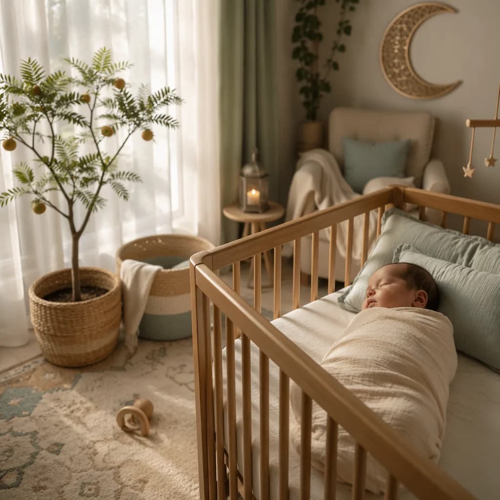 Sleeping newborn in a soft pastel nursery with a small symbolic sapling beside the crib.