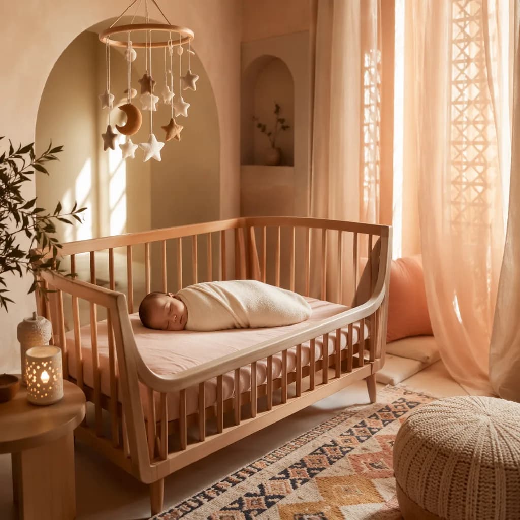 A softly lit pastel nursery with a swaddled sleeping baby and crescent mobile.