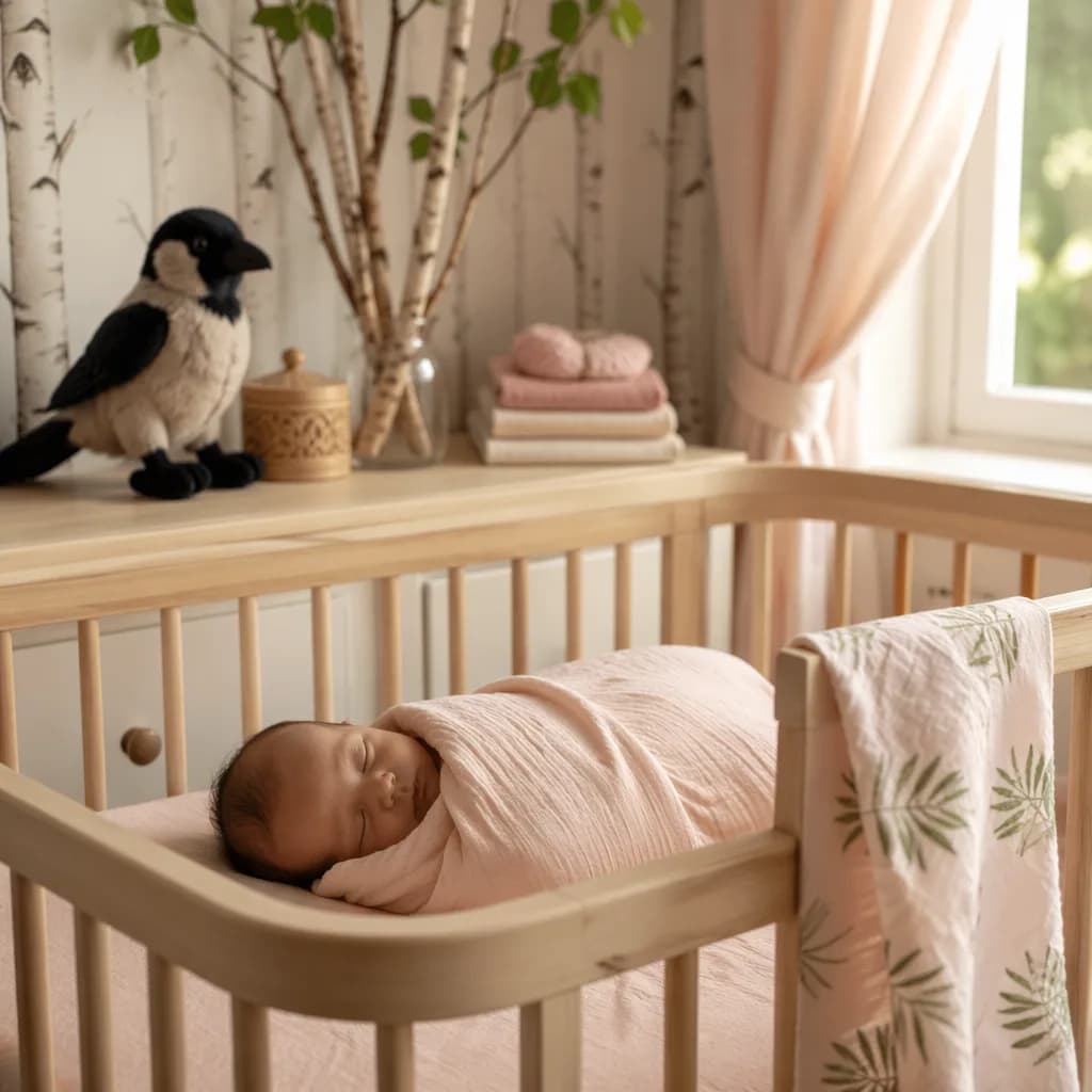 Sleeping baby in a soft pastel Russian-inspired nursery with palm-leaf and rook bird accents.