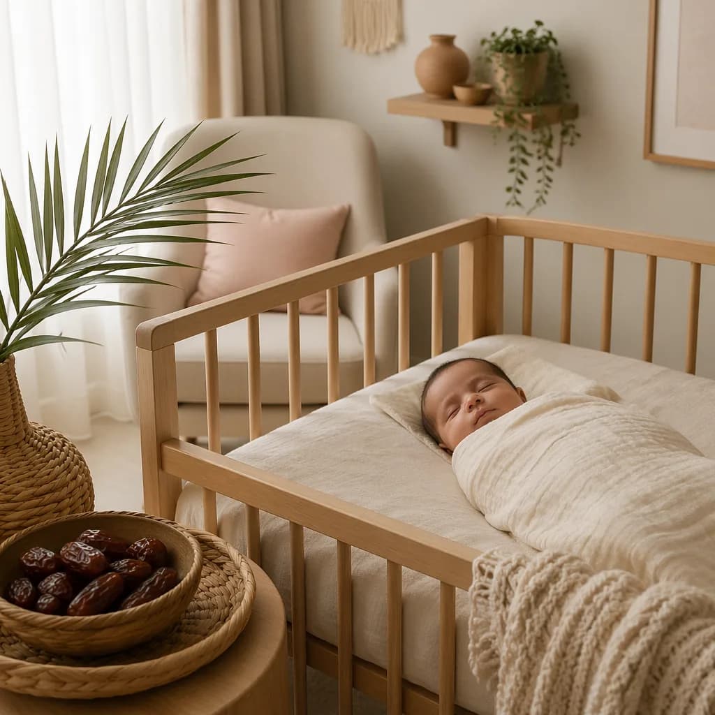 Sleeping baby in a cozy pastel nursery with dates and a palm frond.